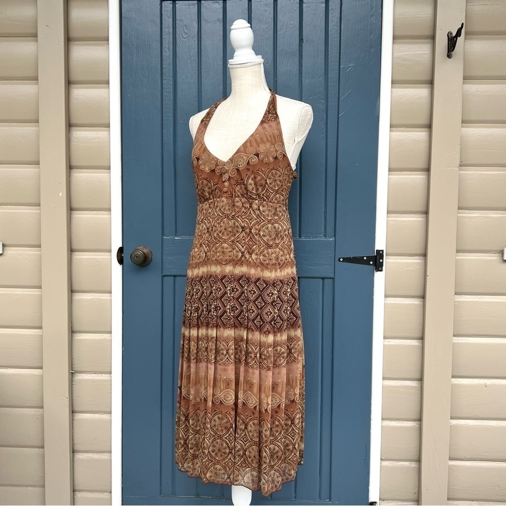 Vintage Halter Dress Boho Fall Earth-tone Women
Size 4 Elegant Brown Patterned